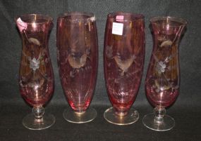 Four Cranberry Flash and Etched Pieces
