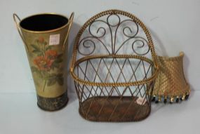 Miscellaneous Lot Tin Flower Vase 9 1/2"h., night light and metal basket 9 1/2"h.