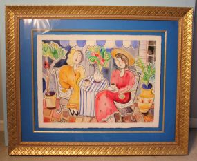 Large Watercolor of Two Ladies, "Office in the Courtyard", signed Amy Guiest