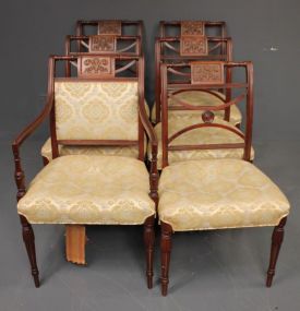 Set of Six Vintage Sheraten Style Dining Chairs Chairs have carvings in the crest, turned legs, one arm and five sides. 21"w., 17 1/2" d., 36 1/2"h.