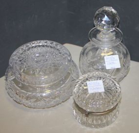 Cut Glass 3" cut glass lidded jar, 6 " cut glass bottle, 4" dia. Cut glass powder jar.