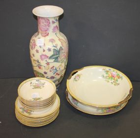 Noritake Set consisting of serving bowl, 6 break/butter plates, 6 berry bowls, porcelain floral vase 13"h.