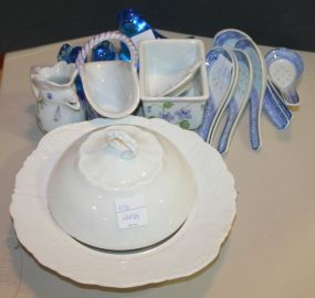 Three Blue Glass Birds, Small 3" Porcelain Basket, Rooster, Blue and White Spoons Three Blue Glass Birds, Small 3" Porcelain Basket, Rooster, Blue and White Spoons