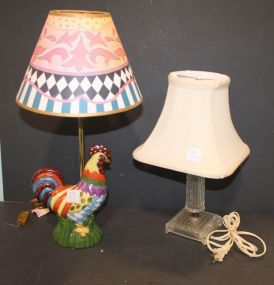 Ceramic Rooster Lamp and Glass Lamp Ceramic Rooster Lamp 19"h., and Glass Lamp 16"h.