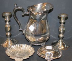 Silverplate Pitcher, Shell Dishes, and Pair Candlesticks Silverplate Pitcher, Shell Dishes, and Pair Candlesticks 6"h.