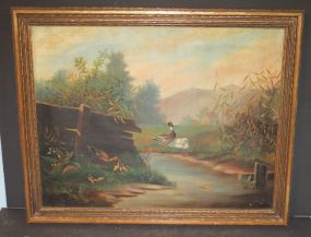 Oil Painting of Ducks signed M. E. tear on right side, 22"w., 18"h.