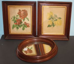 Two Floral Prints and Oval Mirror Floral Prints: 11"w., 13"h., Oval Mirror: 11"w., 16"h.