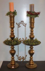 Pair of Tall Brass Candlesticks and Plate Rack 30"h.