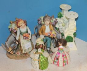 Pair of Painted Bisque Figurines, Candlesticks, Two Dolls Pair of 8"h. Painted Bisque Figurines, Candlesticks, Two 3" Dolls