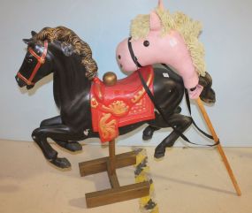 Plastic Painted Horse used as old store display 39"w., 38"h. and stick horse.