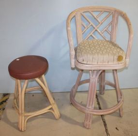 White Rattan Bar Stool and Stool 24"h.