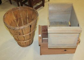 Two Wood Crates and Wood Basket/Barrel 12"w., 19"d., 11"h.