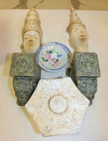 Ceramic Pagode, Two Elephants, Several Dishes, Pair of Head Wall Sconces Ceramic Pagode, Two Elephants 8"h, Several Dishes, Pair of Head Wall Sconces 15"h.
