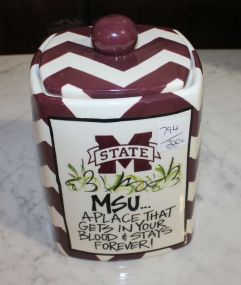 Mississippi State Canister maroon and white chevron pattern; 5 1/2" sq., 8" h.