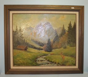 Oil on Canvas of Deer in Meadow Scene