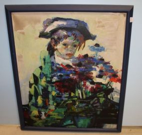 Oil on Canvas of Harlequin Child with Flowers by Luigi Corbellin