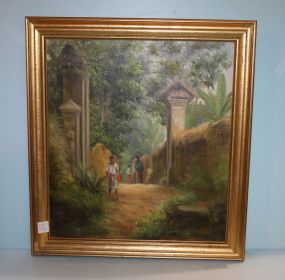 Oil on Canvas of Villagers Entering Estate, signed L. Tim Boli 1979