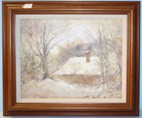 Primitive Oil Painting of "Snow Cabin" by M.M. Kent