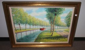 Oil on Canvas "Canal from Marne to Rhine" by JM Geunard