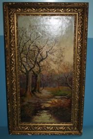 Fall Scene of Trees by Creek Signed Meckiney