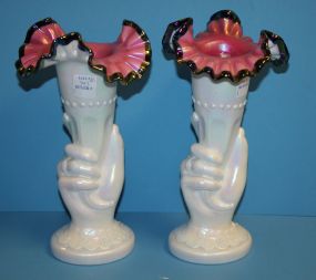 Pair of Fenton Iridescent Black Rose Hand Vases