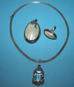 .925 Mexican Ring with Faux Mother of Pearl, a .925 Mexican Drop with Faux Mother of Pearl, and a .925 Italian Necklace with a .925 drop with a Clear Beveled Centerpiece