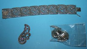 .925 Filigree Bracelet, .925 Cowboy Hat Earrings, and a Marquisate Pin with Purple Glass Centerpiece