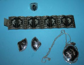 Sterling Siam Bracelet, Sterling Siam Ring, Sterling Siam Necklace and a Pair of Sterling Siam Clip Earrings