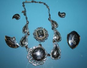 Sterling Siam Necklace, Sterling Siam Fan/Pin, Sterling Siam Money Clip, Sterling Siam Pin with Filigree, and a Pair of Sterling Siam Earrings
