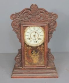 Ornate Victorian Style Oak Mantel Clock by New Haven