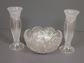 Pair of Crystal Candlesticks and Old Cut glass Bowl