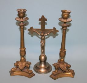 Pair of Ornate Brass Candlestick Holders and a Brass Crucifix