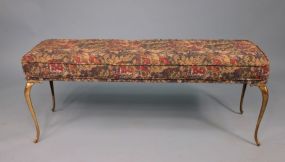 Fine Bench with Floral Upholstery and Curved Brass French Style Legs