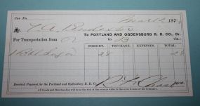1873 Freight Receipt, from Portland and Ogdensburg Railroad Co.
