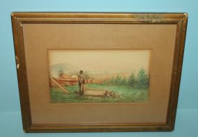 Small Watercolor of Black Gentleman Standing In Pasture With Walking Stick
