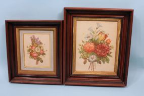 One Victorian Walnut Step Back Frame with Gold Textured Liner And Floral Print and One Walnut Victorian Print Signed Trevost In Walnut Frame With Gold Liner