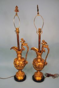 Pair of Gilt Bronze Victorian Ewers Now Mounted As Lamps