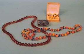 PeKing Glass & Amber Necklaces, Brooch, Abalone Box
