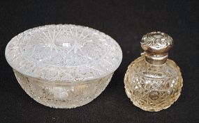 English Cut Glass & Sterling Scent Bottle, Cut Glass Powder Jar