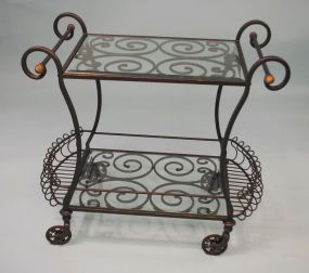 Black Wrought Iron Tea Cart with Beveled Glass Shelves