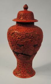 Chinese Red Cinnabar Black Lacquer Over Wood Covered Jar