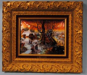 Betourne Limoges Enamel Plaque by J.P. Loup," The Village In Winter"