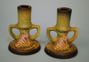 Pair Roseville Pottery Green "Freesia" Candlesticks