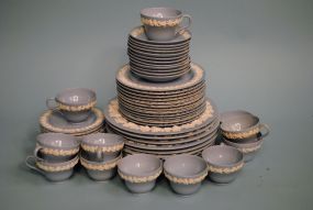 Wedgwood China Set, Blue Embossed "Queensware" (58 pcs)