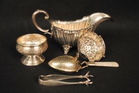 Five Piece Fancy Sterling Silver: Tea Strainer & Infuser, Sauce Boat and Sugar Tongs