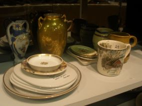 Group of Porcelain Plates, Trivets, Cups and Wheeling Gold Vase