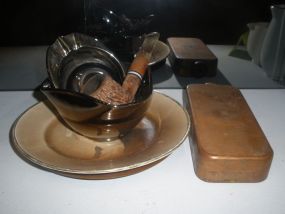 Lot includes copper flask, pipe, painted plate of Washington, ashtray, tape measurer