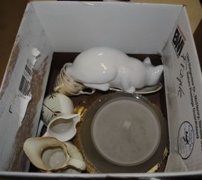 Lot Includes Satin Glass Bowl, Covered Dish, Cups, Porcelain Cat