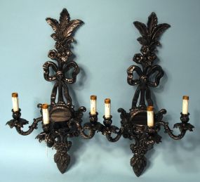 Pair of Black and Silver Rubbed Lacquer Finish Wall Sconces with Ribbons and Pineapples