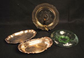 Pair of Depression Glass Items with Two Silverplate Trays